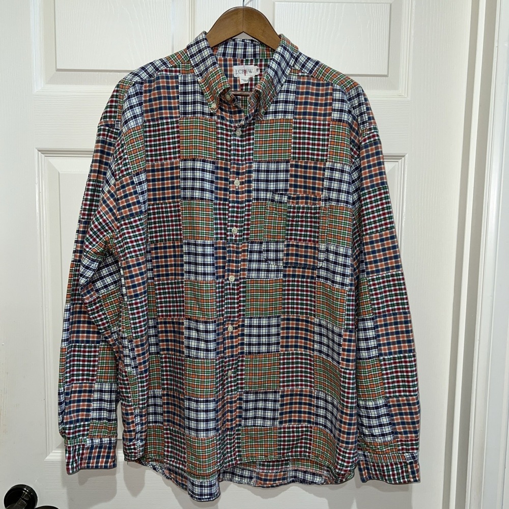 Vtg J. Crew Oarsman Multicolor Patchwork Madras Plaid Button Down Shirt Men XL